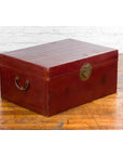 Chinese Early 20th Century Red Lacquered Leather Trunk with Calligraphy-2. Asian & Chinese Furniture, Art, Antiques, Vintage Home Décor for sale at FEA Home