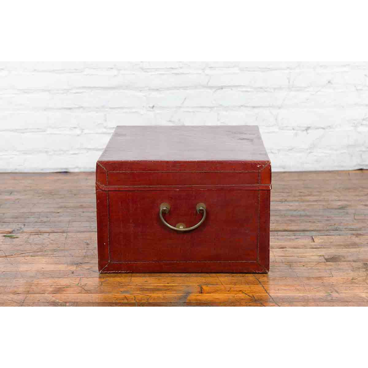 Chinese Early 20th Century Red Lacquered Leather Trunk with Calligraphy-8. Asian & Chinese Furniture, Art, Antiques, Vintage Home Décor for sale at FEA Home