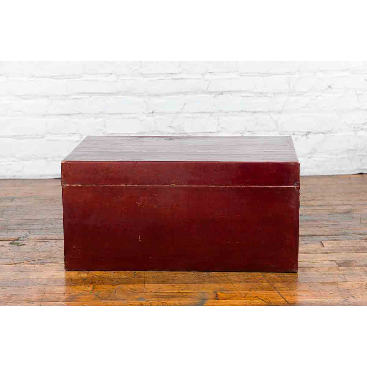 Chinese Early 20th Century Red Lacquered Leather Trunk with Calligraphy-12. Asian & Chinese Furniture, Art, Antiques, Vintage Home Décor for sale at FEA Home