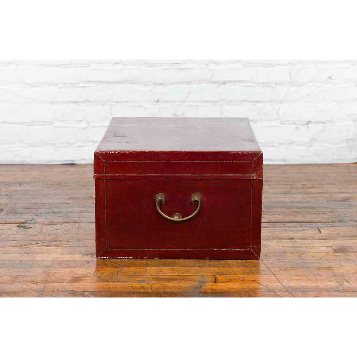 Chinese Early 20th Century Red Lacquered Leather Trunk with Calligraphy-5. Asian & Chinese Furniture, Art, Antiques, Vintage Home Décor for sale at FEA Home