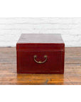Chinese Early 20th Century Red Lacquered Leather Trunk with Calligraphy-5. Asian & Chinese Furniture, Art, Antiques, Vintage Home Décor for sale at FEA Home