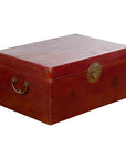 Chinese Early 20th Century Red Lacquered Leather Trunk with Calligraphy-1. Asian & Chinese Furniture, Art, Antiques, Vintage Home Décor for sale at FEA Home