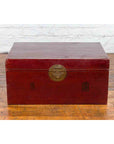 Chinese Early 20th Century Red Lacquered Leather Trunk with Calligraphy-6. Asian & Chinese Furniture, Art, Antiques, Vintage Home Décor for sale at FEA Home