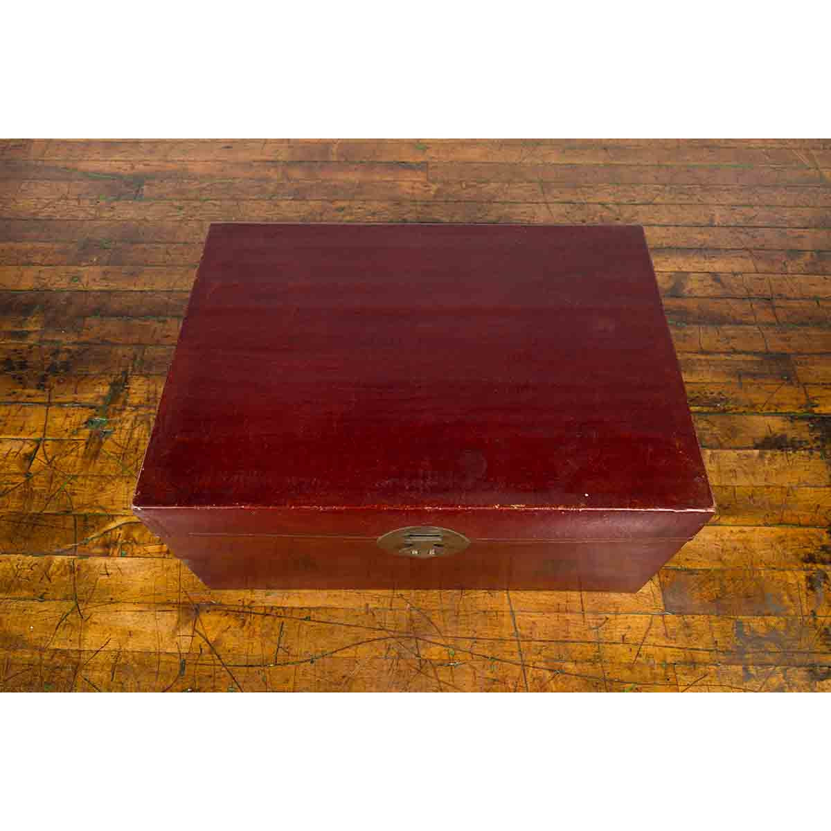 Chinese Early 20th Century Red Lacquered Leather Trunk with Calligraphy-13. Asian & Chinese Furniture, Art, Antiques, Vintage Home Décor for sale at FEA Home