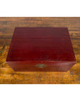 Chinese Early 20th Century Red Lacquered Leather Trunk with Calligraphy-13. Asian & Chinese Furniture, Art, Antiques, Vintage Home Décor for sale at FEA Home