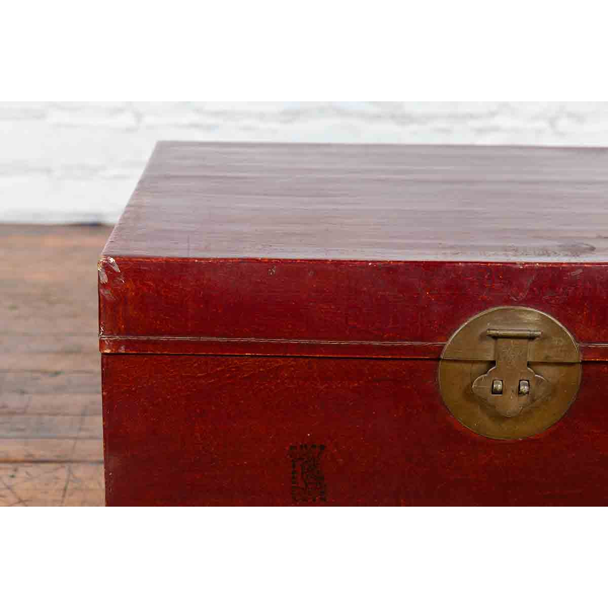 Chinese Early 20th Century Red Lacquered Leather Trunk with Calligraphy-7. Asian & Chinese Furniture, Art, Antiques, Vintage Home Décor for sale at FEA Home