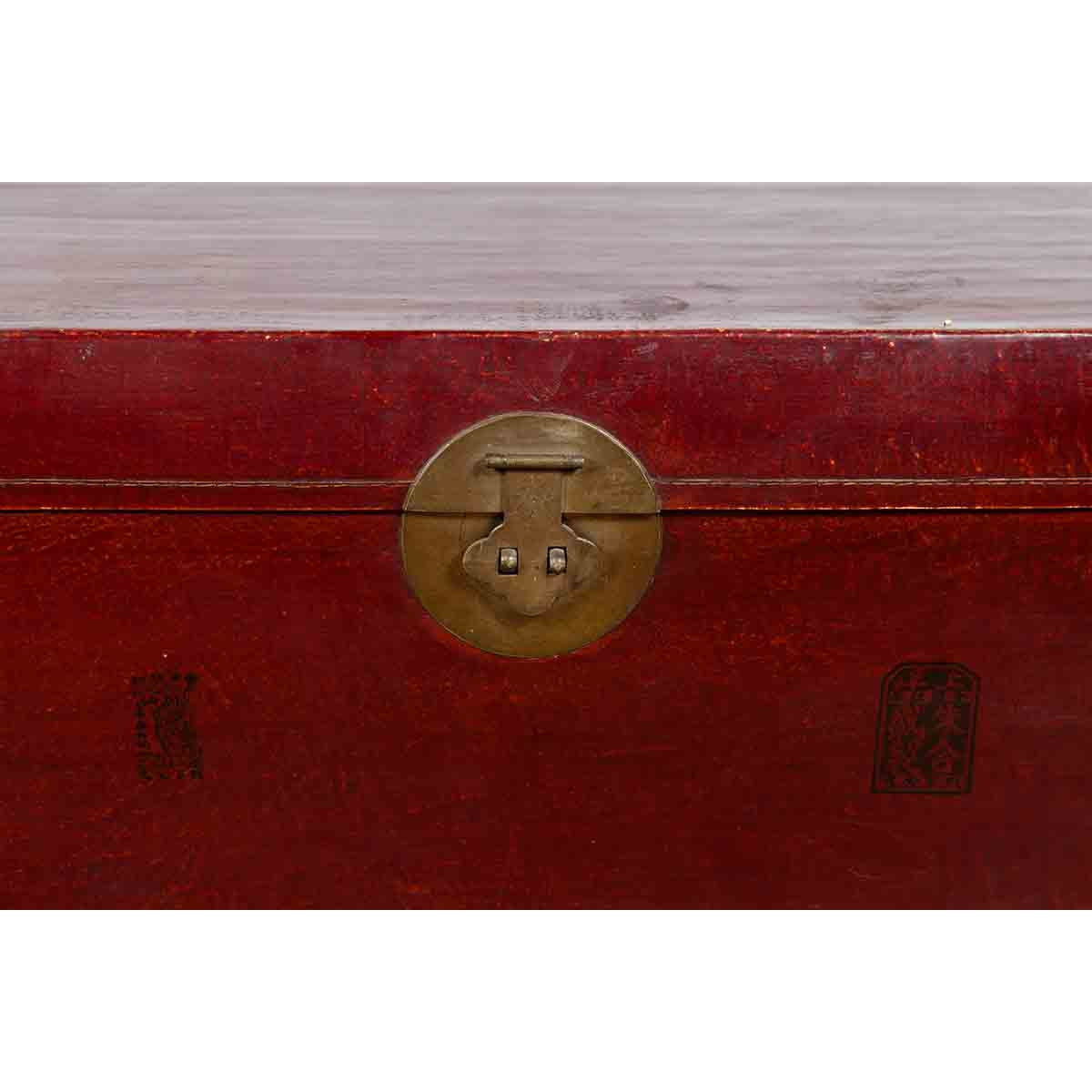 Chinese Early 20th Century Red Lacquered Leather Trunk with Calligraphy-15. Asian & Chinese Furniture, Art, Antiques, Vintage Home Décor for sale at FEA Home
