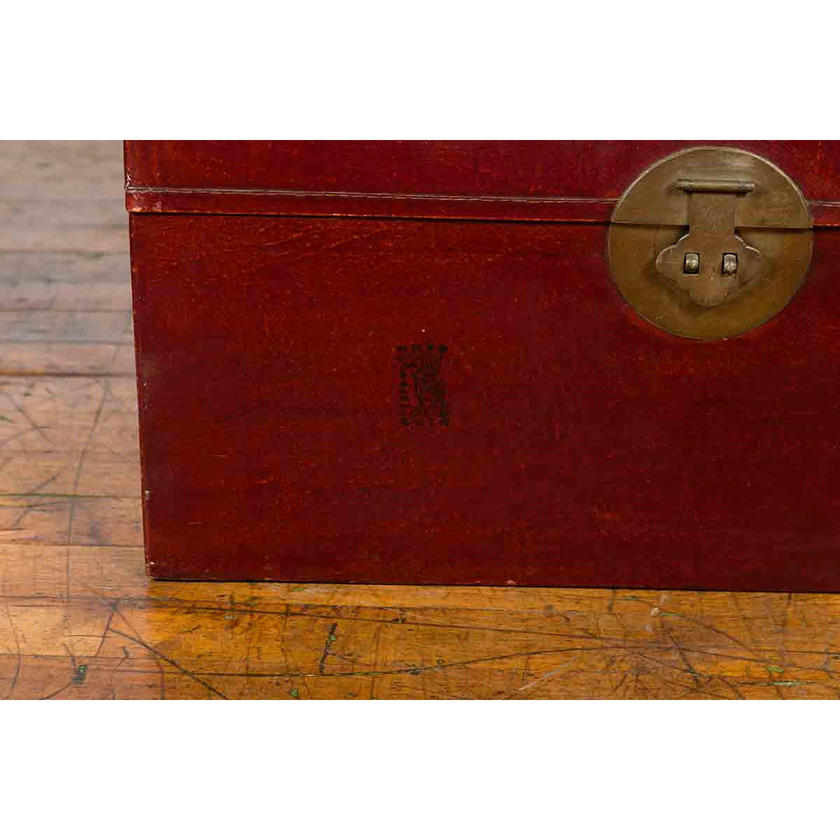 Chinese Early 20th Century Red Lacquered Leather Trunk with Calligraphy-16. Asian & Chinese Furniture, Art, Antiques, Vintage Home Décor for sale at FEA Home