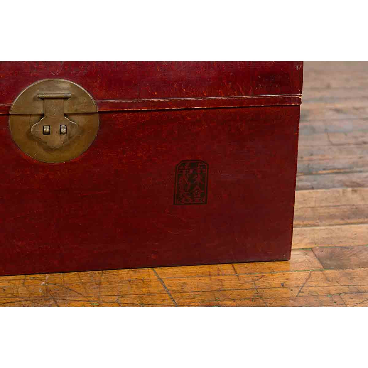 Chinese Early 20th Century Red Lacquered Leather Trunk with Calligraphy-17. Asian & Chinese Furniture, Art, Antiques, Vintage Home Décor for sale at FEA Home