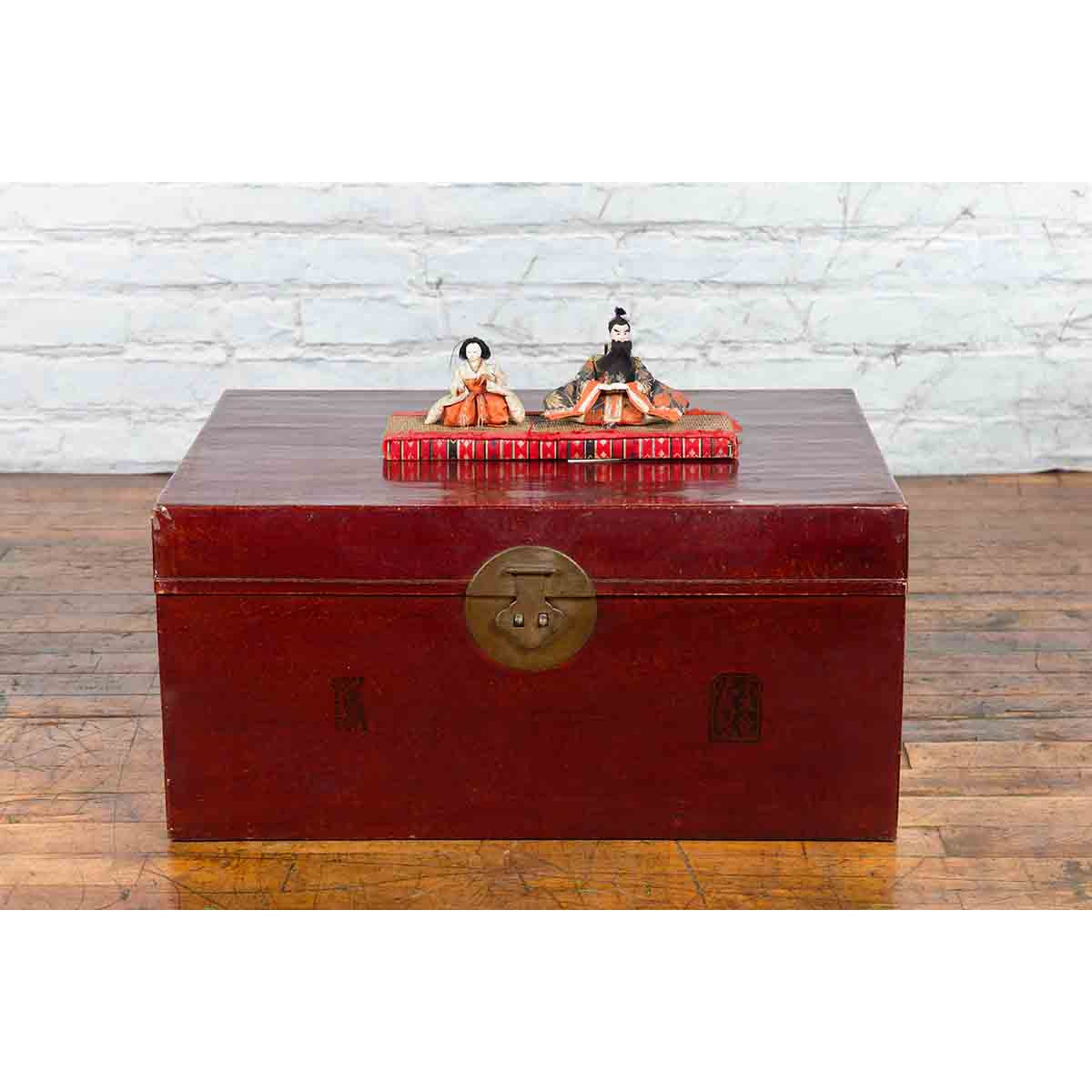 Chinese Early 20th Century Red Lacquered Leather Trunk with Calligraphy-4. Asian & Chinese Furniture, Art, Antiques, Vintage Home Décor for sale at FEA Home