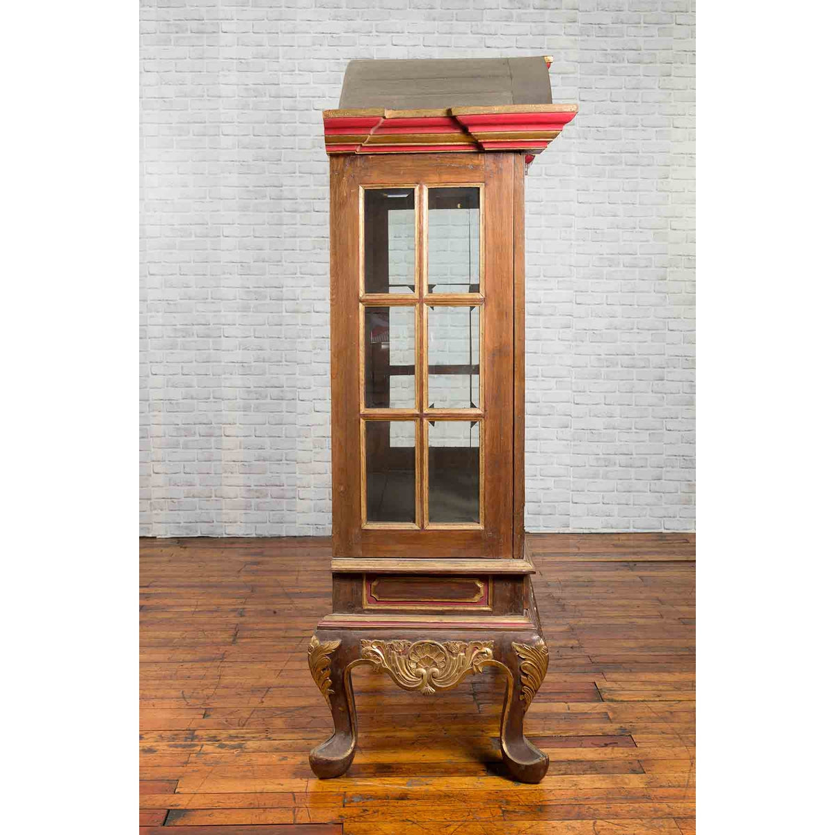 Dutch Colonial Early 20th Century Bonnet Top Gilded Cabinet with Glass Doors-14. Asian & Chinese Furniture, Art, Antiques, Vintage Home Décor for sale at FEA Home