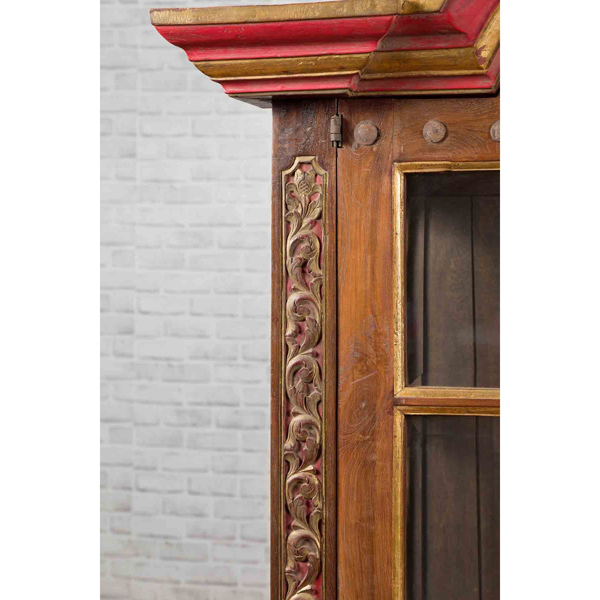 Dutch Colonial Early 20th Century Bonnet Top Gilded Cabinet with Glass Doors-9. Asian & Chinese Furniture, Art, Antiques, Vintage Home Décor for sale at FEA Home
