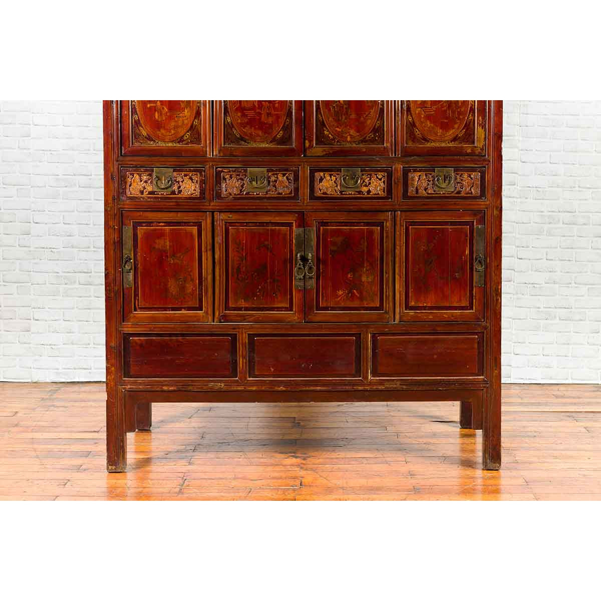 Chinese Qing Dynasty 19th Century Red Cabinet with Eight Doors and Four Drawers-4. Asian & Chinese Furniture, Art, Antiques, Vintage Home Décor for sale at FEA Home