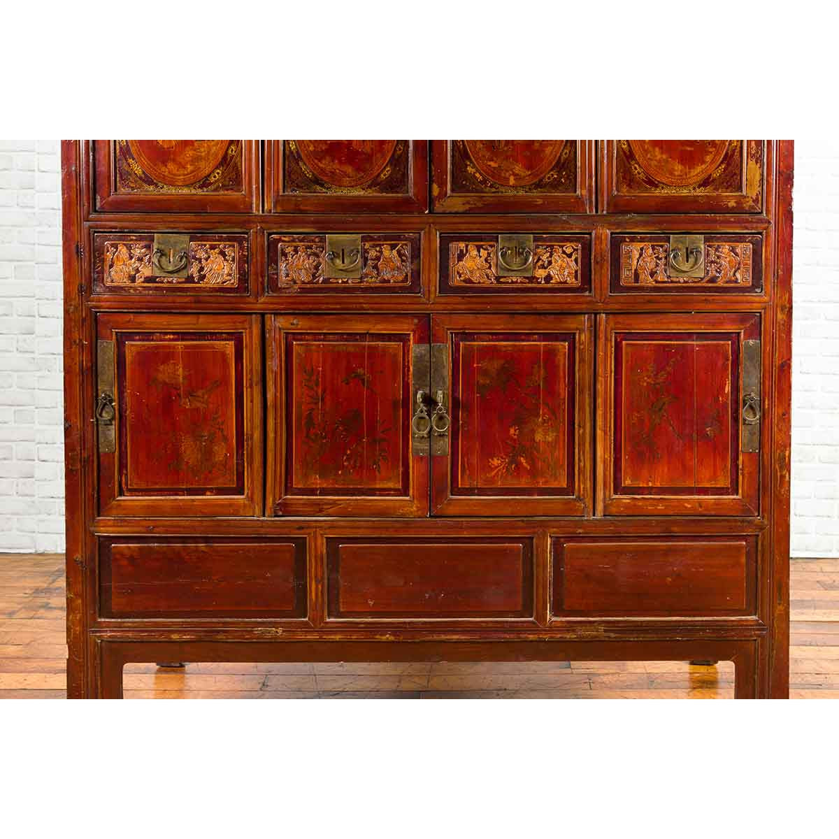 Chinese Qing Dynasty 19th Century Red Cabinet with Eight Doors and Four Drawers-13. Asian & Chinese Furniture, Art, Antiques, Vintage Home Décor for sale at FEA Home