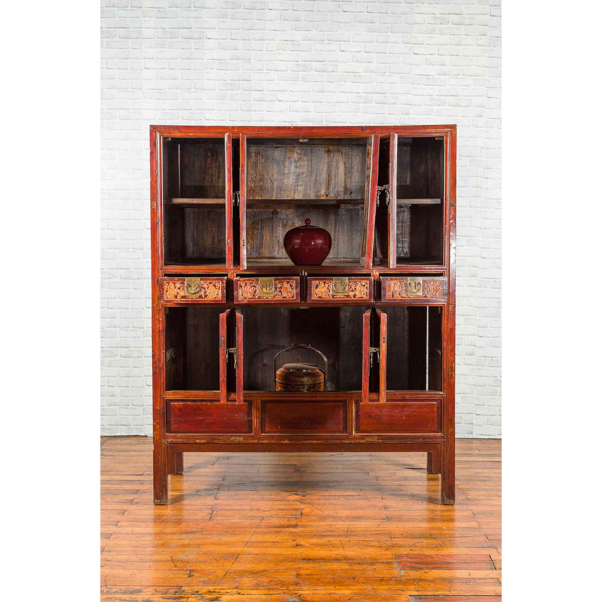 Chinese Qing Dynasty 19th Century Red Cabinet with Eight Doors and Four Drawers-16. Asian & Chinese Furniture, Art, Antiques, Vintage Home Décor for sale at FEA Home