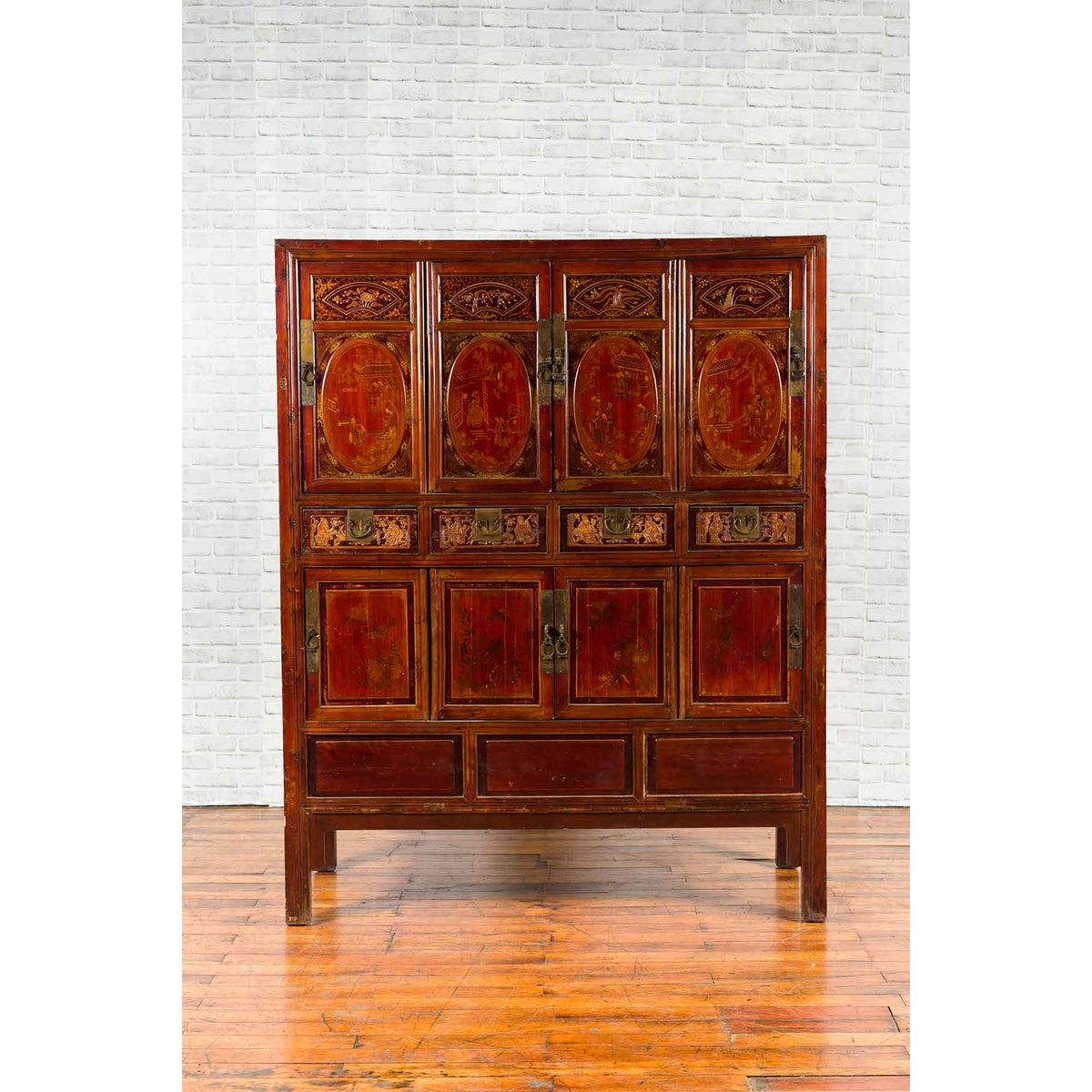 Chinese Qing Dynasty 19th Century Red Cabinet with Eight Doors and Four Drawers-20. Asian & Chinese Furniture, Art, Antiques, Vintage Home Décor for sale at FEA Home