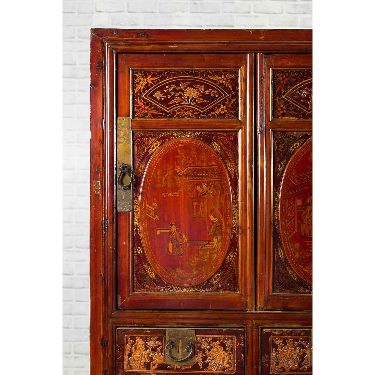 Chinese Qing Dynasty 19th Century Red Cabinet with Eight Doors and Four Drawers-5. Asian & Chinese Furniture, Art, Antiques, Vintage Home Décor for sale at FEA Home
