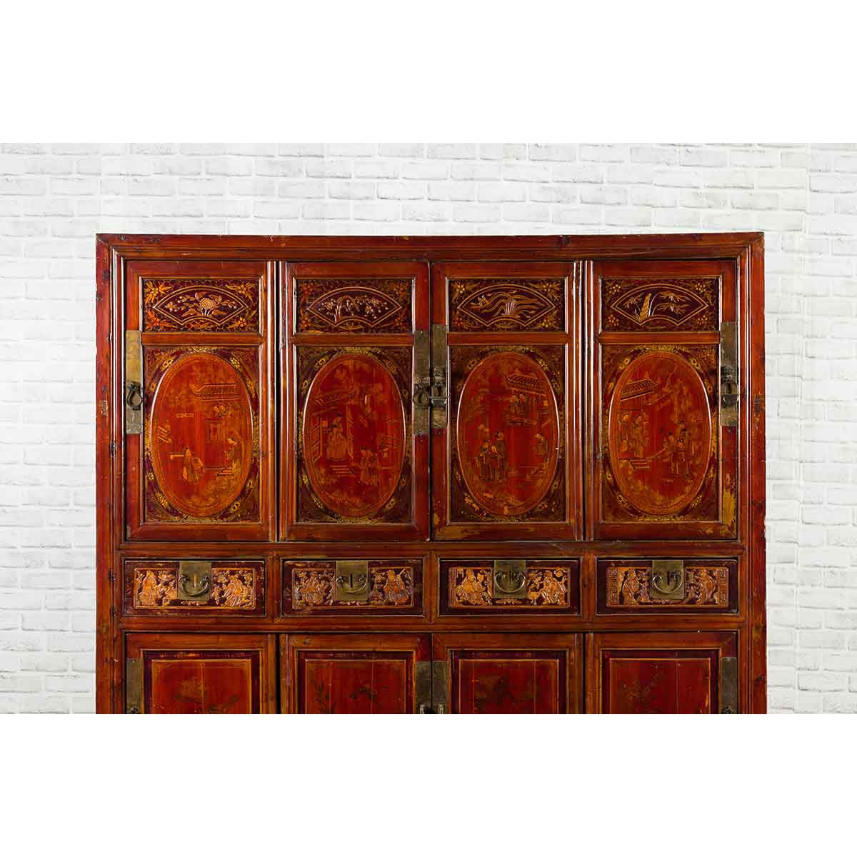 Chinese Qing Dynasty 19th Century Red Cabinet with Eight Doors and Four Drawers-3. Asian & Chinese Furniture, Art, Antiques, Vintage Home Décor for sale at FEA Home