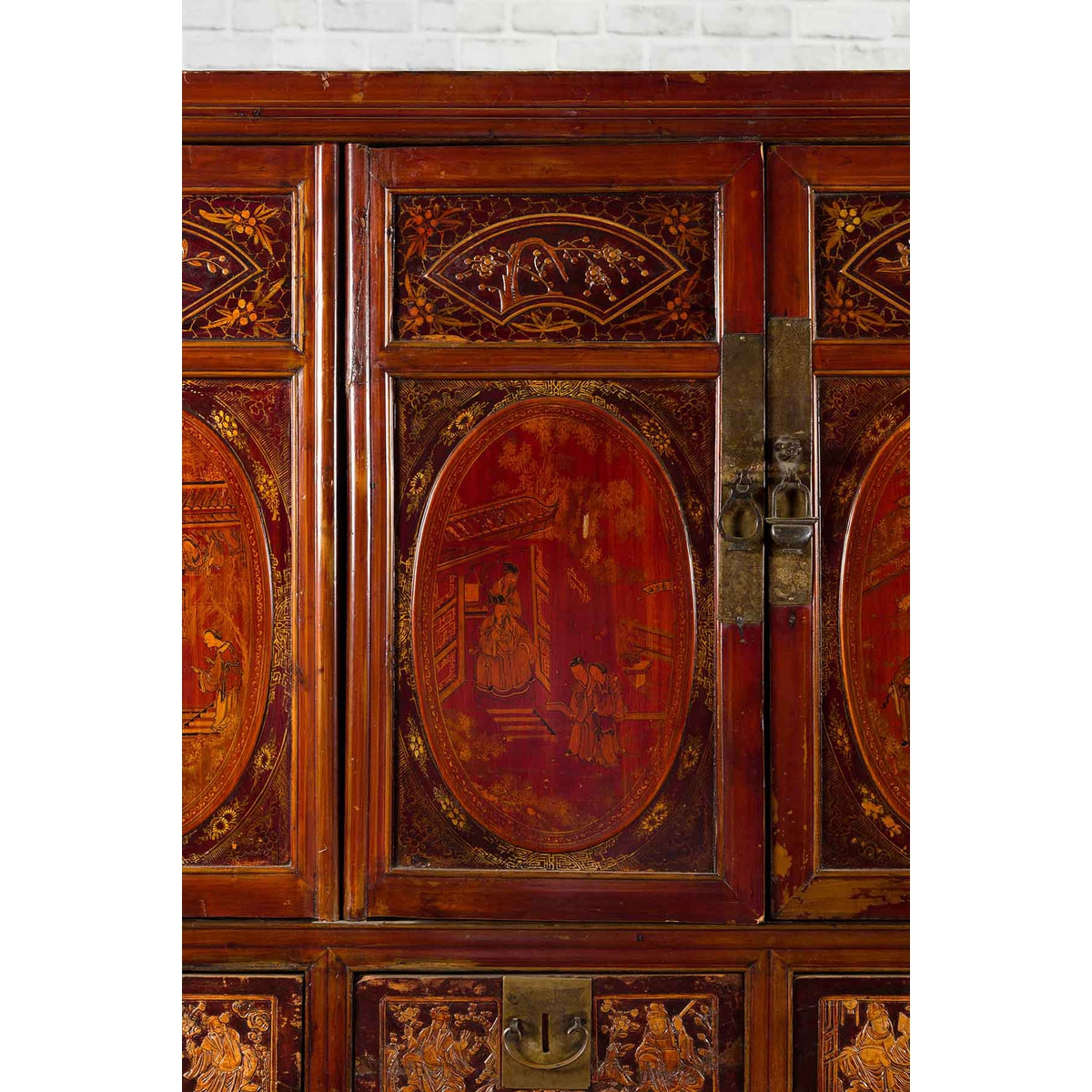 Chinese Qing Dynasty 19th Century Red Cabinet with Eight Doors and Four Drawers-6. Asian & Chinese Furniture, Art, Antiques, Vintage Home Décor for sale at FEA Home