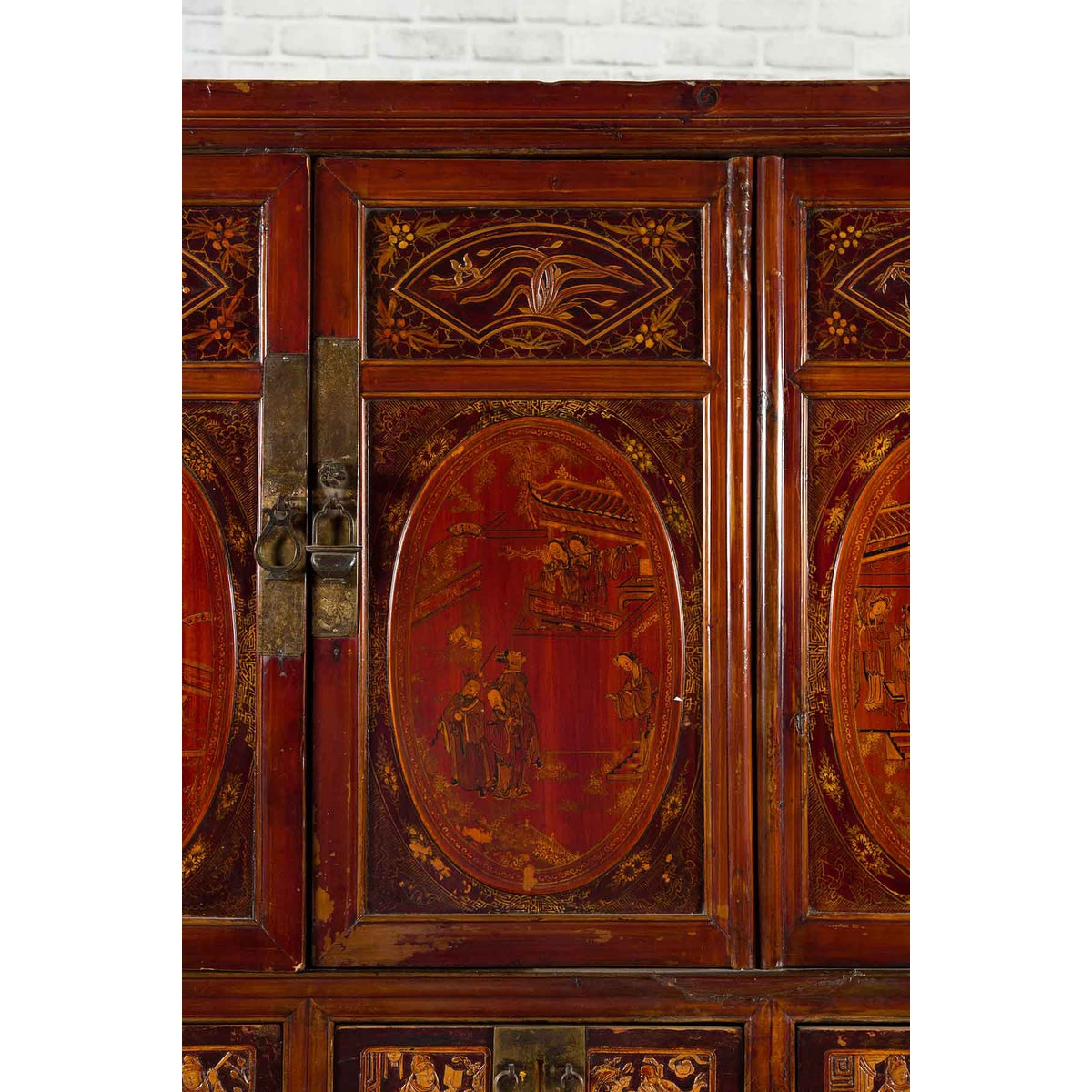 Chinese Qing Dynasty 19th Century Red Cabinet with Eight Doors and Four Drawers-7. Asian & Chinese Furniture, Art, Antiques, Vintage Home Décor for sale at FEA Home
