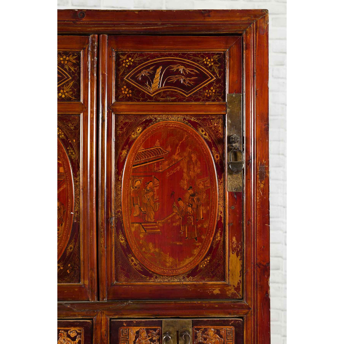 Chinese Qing Dynasty 19th Century Red Cabinet with Eight Doors and Four Drawers-8. Asian & Chinese Furniture, Art, Antiques, Vintage Home Décor for sale at FEA Home