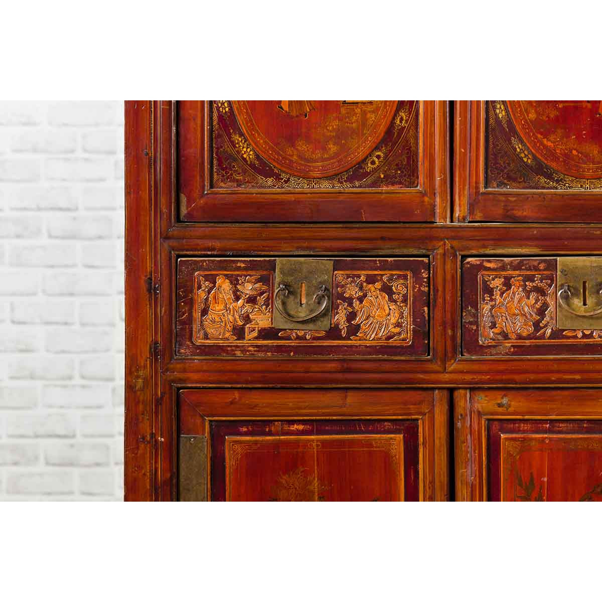 Chinese Qing Dynasty 19th Century Red Cabinet with Eight Doors and Four Drawers-9. Asian & Chinese Furniture, Art, Antiques, Vintage Home Décor for sale at FEA Home