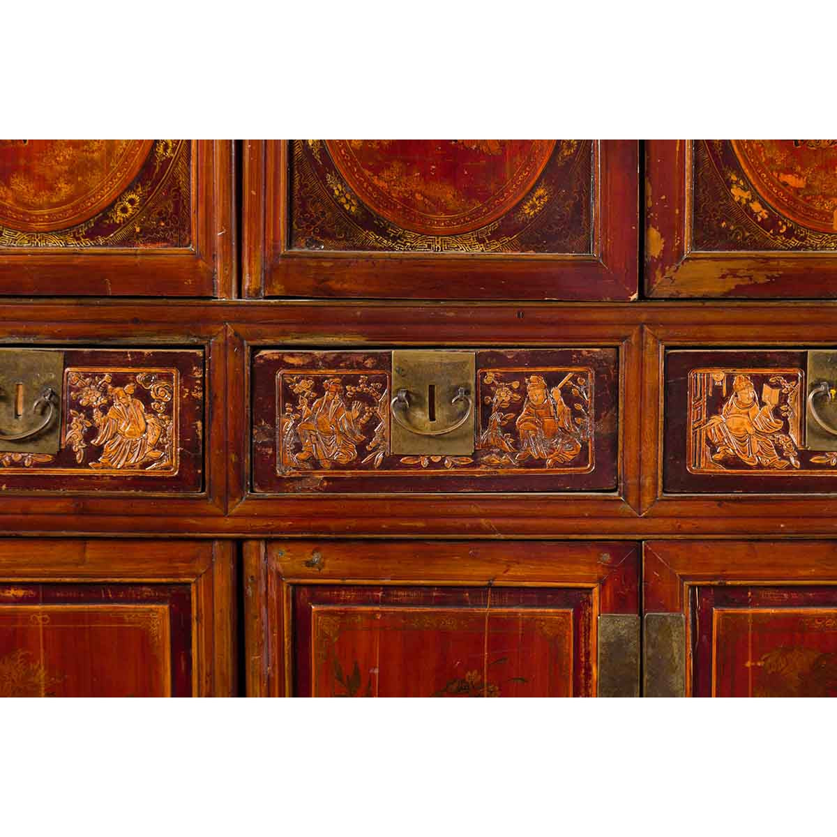 Chinese Qing Dynasty 19th Century Red Cabinet with Eight Doors and Four Drawers-10. Asian & Chinese Furniture, Art, Antiques, Vintage Home Décor for sale at FEA Home