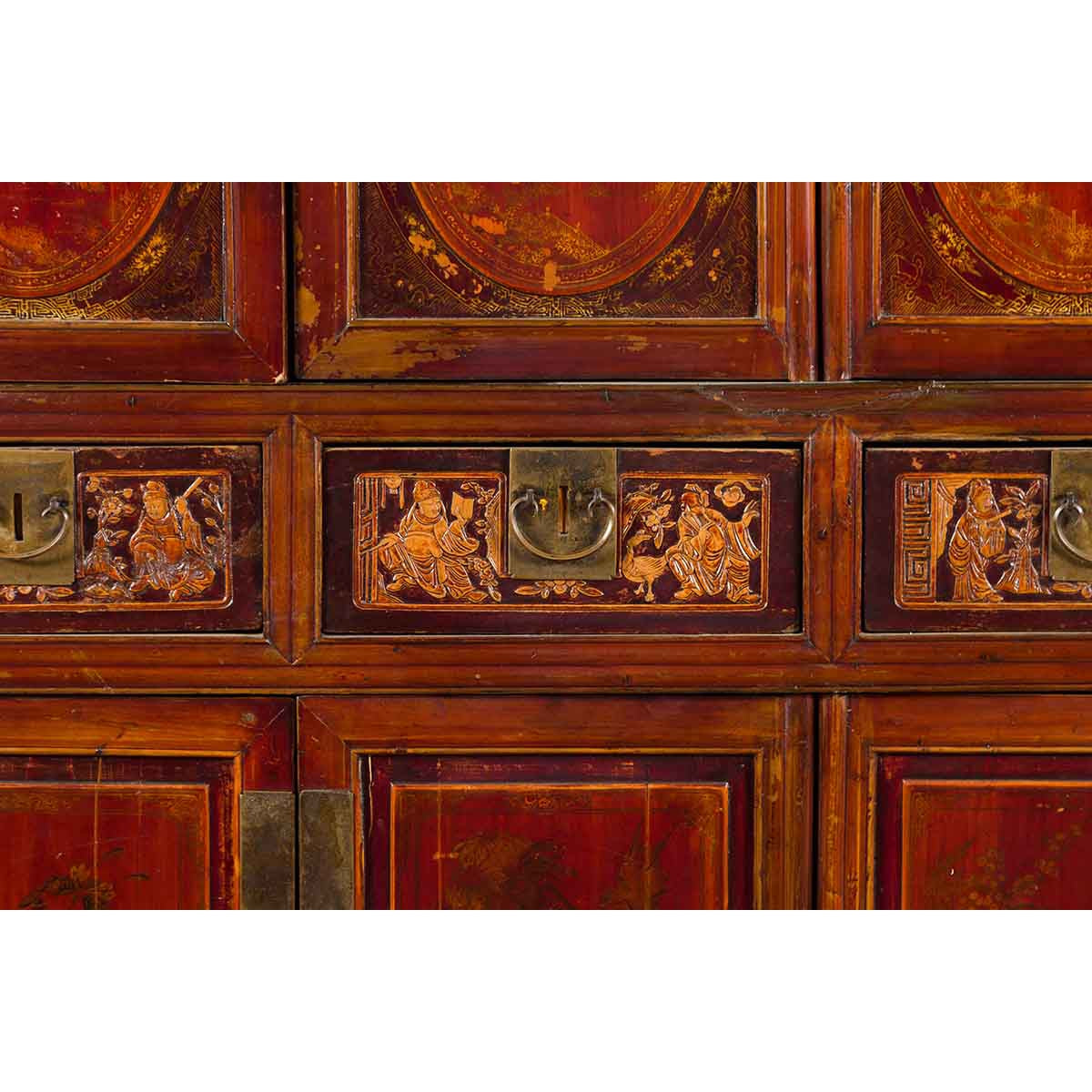 Chinese Qing Dynasty 19th Century Red Cabinet with Eight Doors and Four Drawers-11. Asian & Chinese Furniture, Art, Antiques, Vintage Home Décor for sale at FEA Home