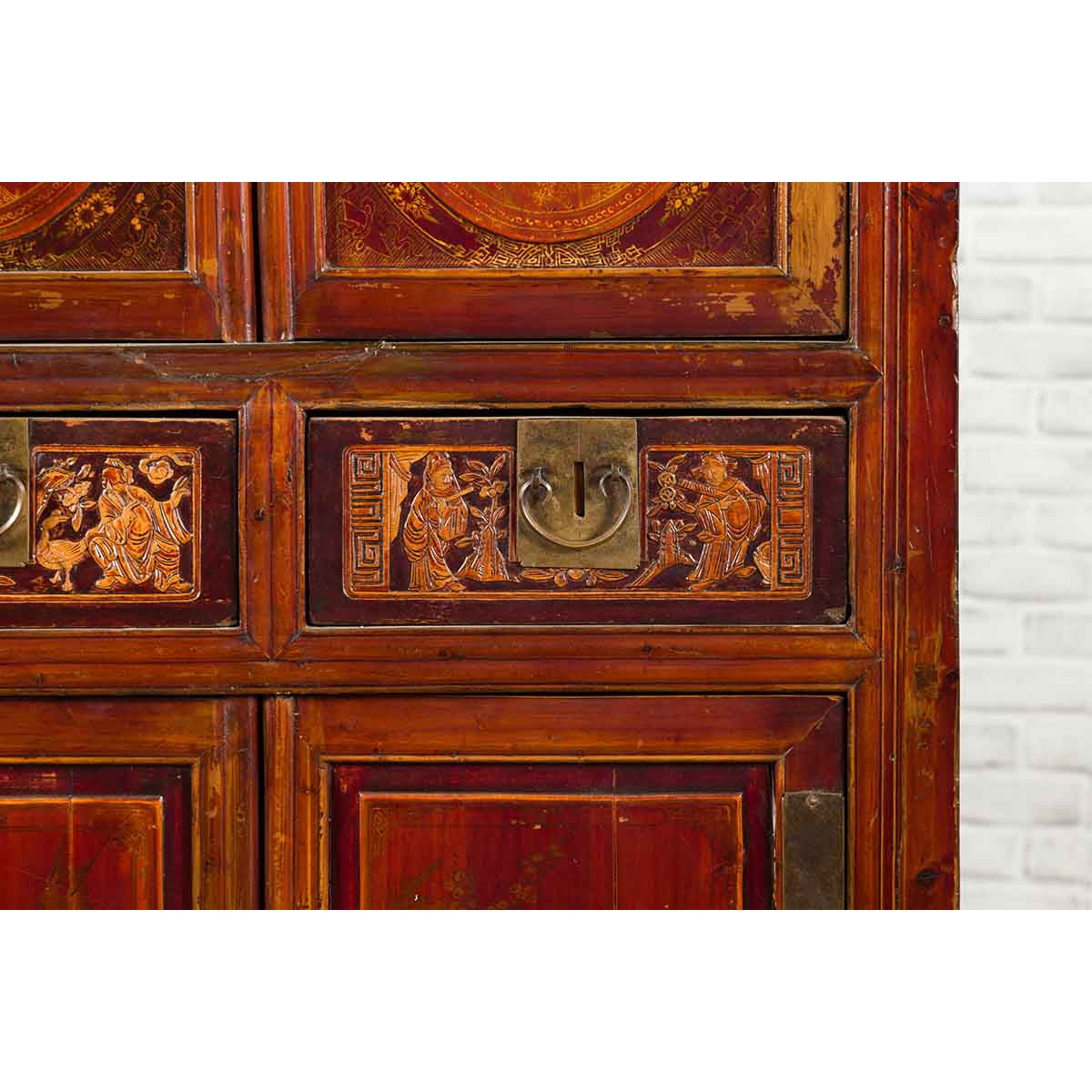 Chinese Qing Dynasty 19th Century Red Cabinet with Eight Doors and Four Drawers-12. Asian & Chinese Furniture, Art, Antiques, Vintage Home Décor for sale at FEA Home