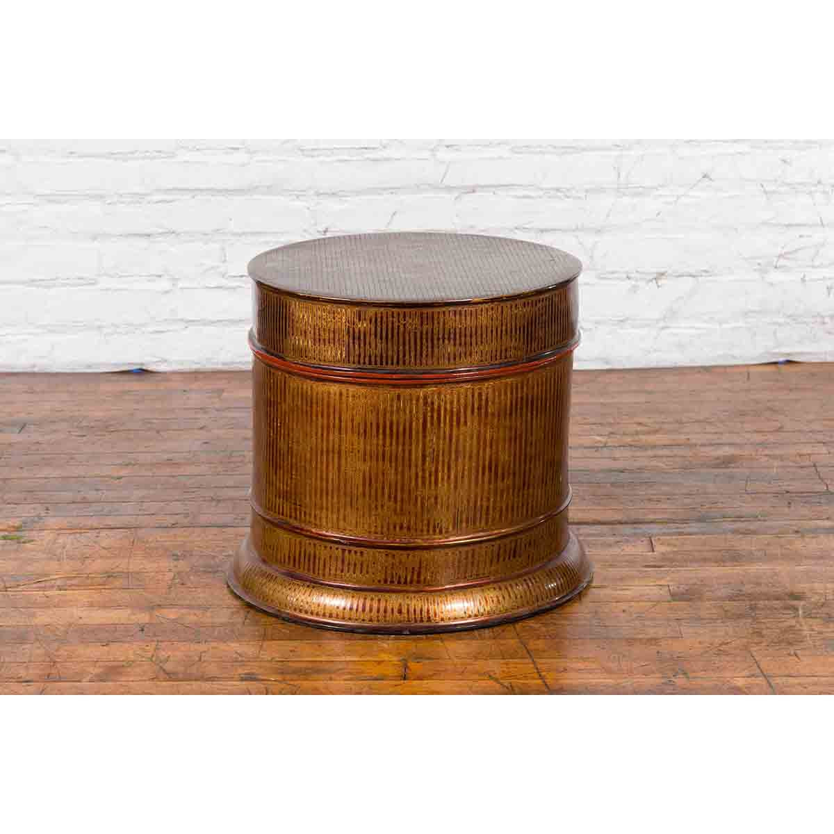 Burmese Vintage Negora Lacquer Circular Storage Bin with Vertical Stripes-16. Asian & Chinese Furniture, Art, Antiques, Vintage Home Décor for sale at FEA Home