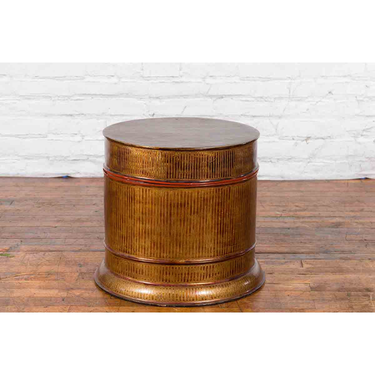 Burmese Vintage Negora Lacquer Circular Storage Bin with Vertical Stripes-15. Asian & Chinese Furniture, Art, Antiques, Vintage Home Décor for sale at FEA Home