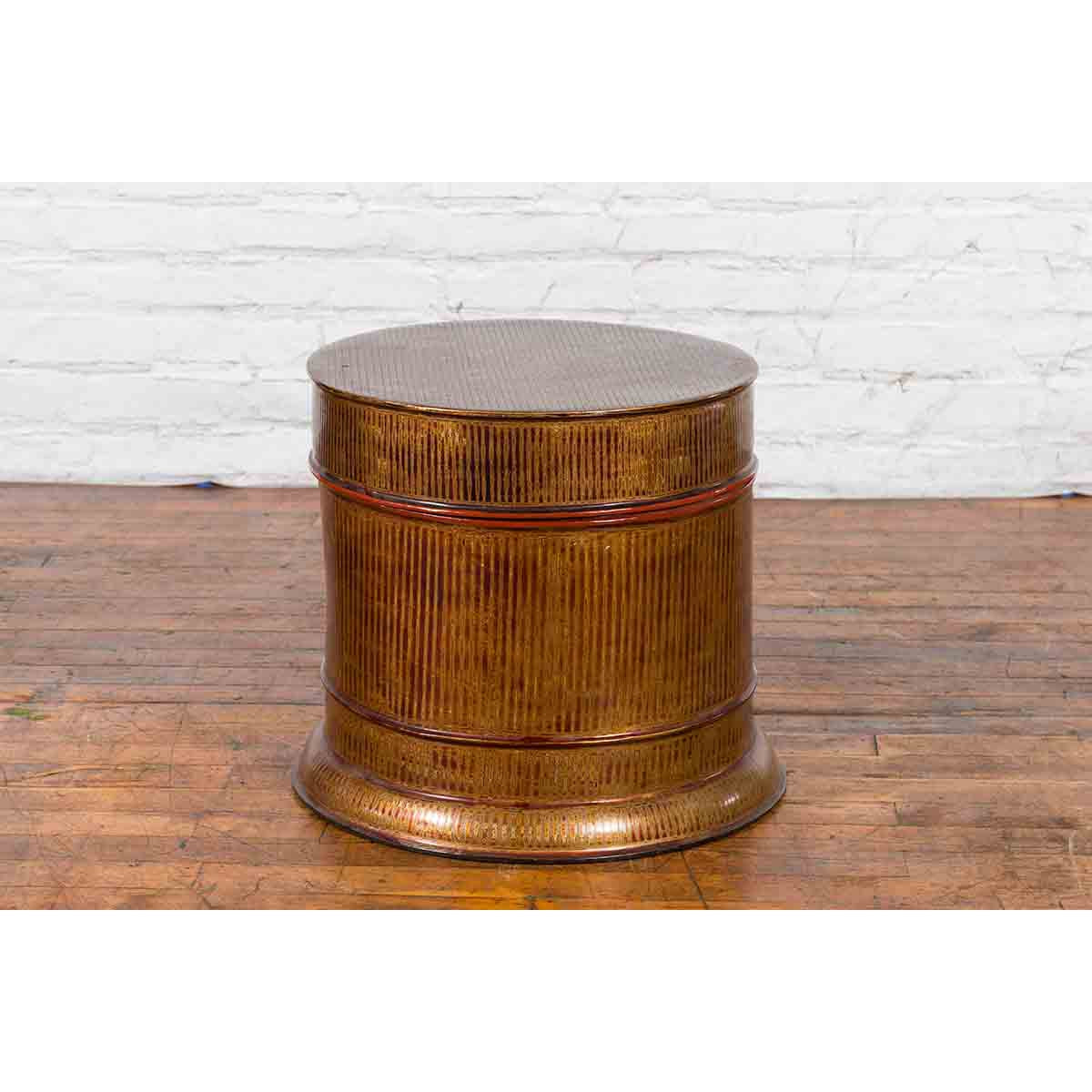 Burmese Vintage Negora Lacquer Circular Storage Bin with Vertical Stripes-17. Asian & Chinese Furniture, Art, Antiques, Vintage Home Décor for sale at FEA Home