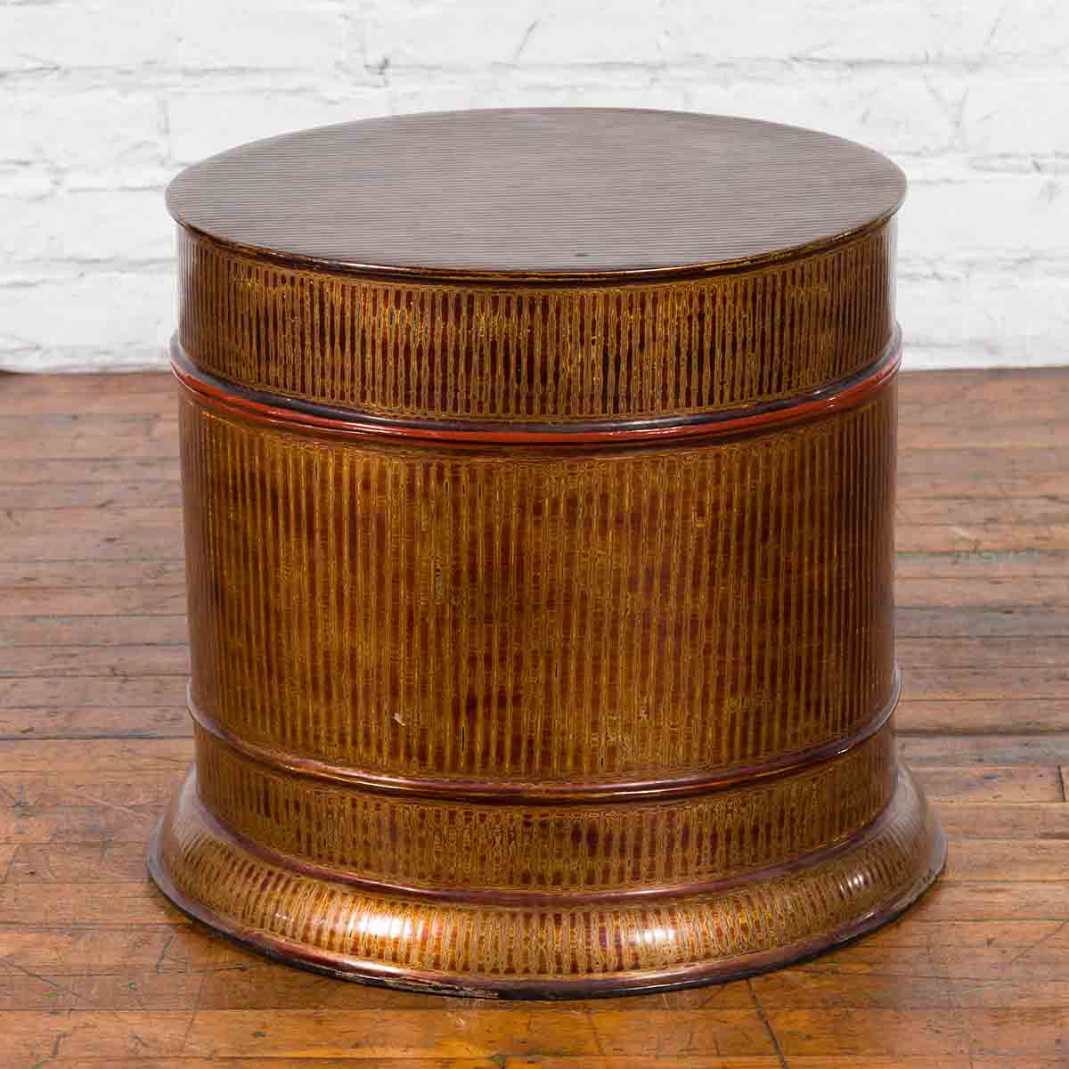 Burmese Vintage Negora Lacquer Circular Storage Bin with Vertical Stripes-3. Asian & Chinese Furniture, Art, Antiques, Vintage Home Décor for sale at FEA Home