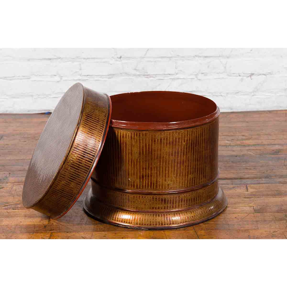 Burmese Vintage Negora Lacquer Circular Storage Bin with Vertical Stripes-5. Asian & Chinese Furniture, Art, Antiques, Vintage Home Décor for sale at FEA Home