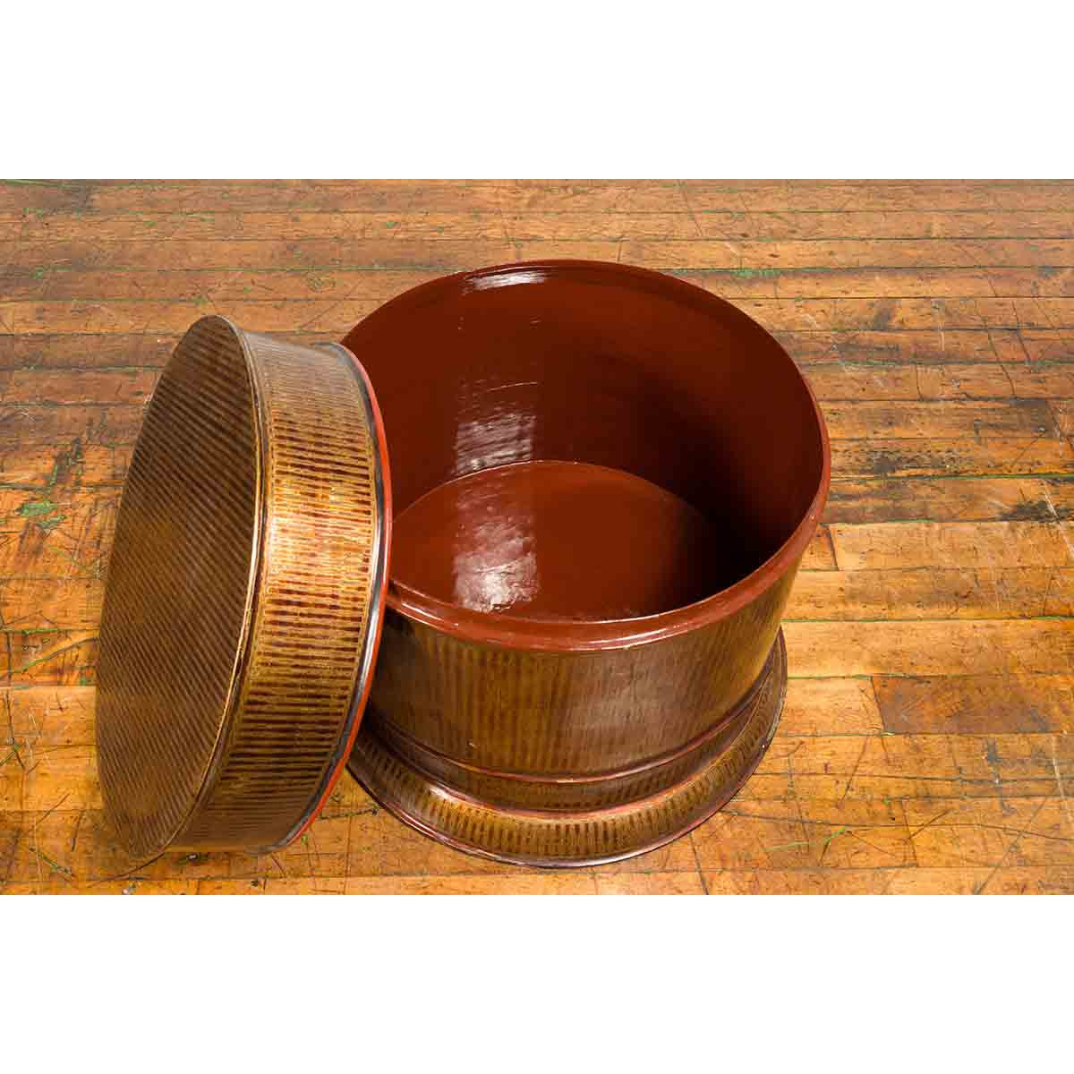 Burmese Vintage Negora Lacquer Circular Storage Bin with Vertical Stripes-6. Asian & Chinese Furniture, Art, Antiques, Vintage Home Décor for sale at FEA Home