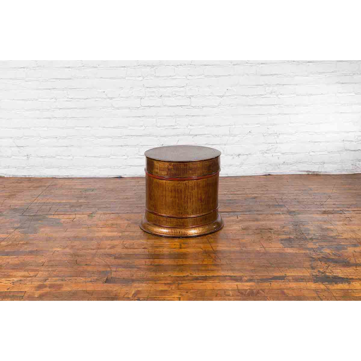 Burmese Vintage Negora Lacquer Circular Storage Bin with Vertical Stripes-7. Asian & Chinese Furniture, Art, Antiques, Vintage Home Décor for sale at FEA Home