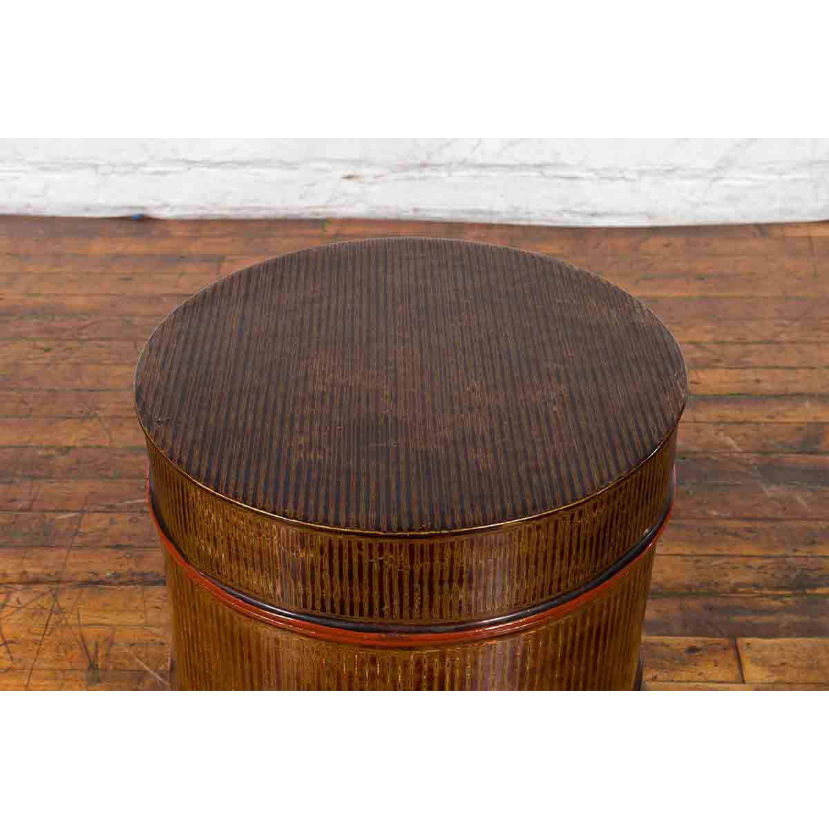 Burmese Vintage Negora Lacquer Circular Storage Bin with Vertical Stripes-8. Asian & Chinese Furniture, Art, Antiques, Vintage Home Décor for sale at FEA Home