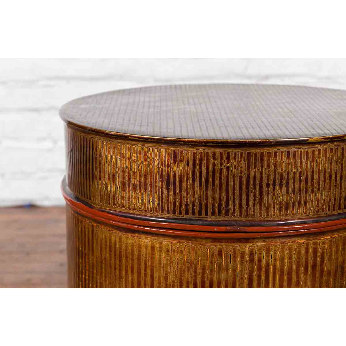 Burmese Vintage Negora Lacquer Circular Storage Bin with Vertical Stripes-10. Asian & Chinese Furniture, Art, Antiques, Vintage Home Décor for sale at FEA Home