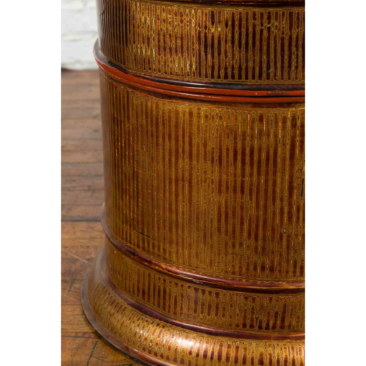 Burmese Vintage Negora Lacquer Circular Storage Bin with Vertical Stripes-13. Asian & Chinese Furniture, Art, Antiques, Vintage Home Décor for sale at FEA Home