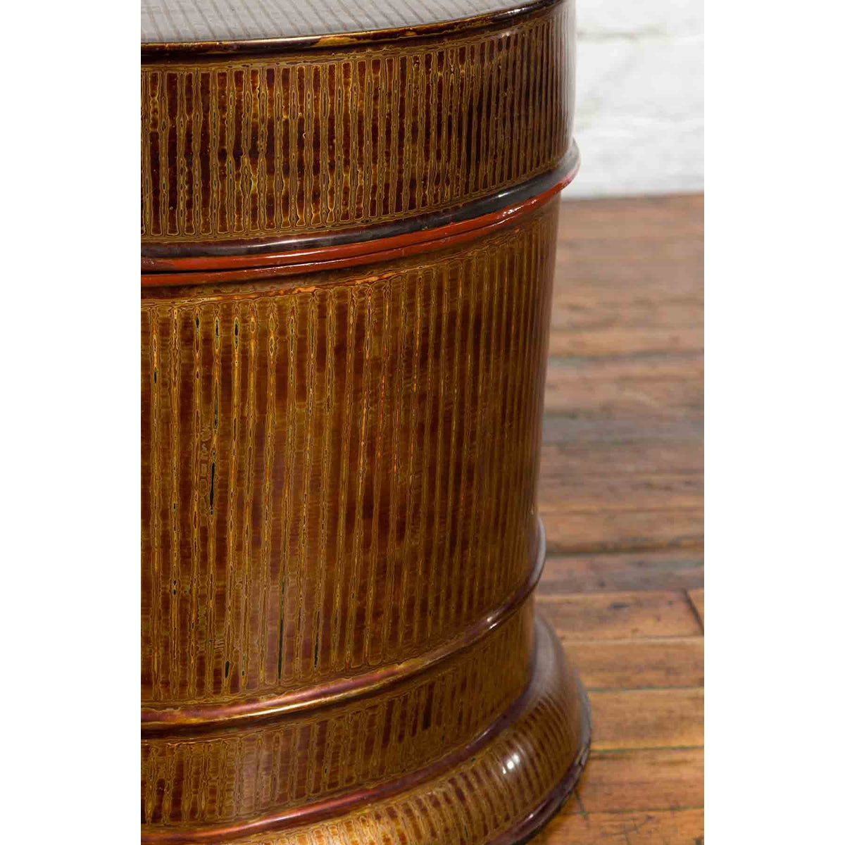 Burmese Vintage Negora Lacquer Circular Storage Bin with Vertical Stripes-14. Asian & Chinese Furniture, Art, Antiques, Vintage Home Décor for sale at FEA Home