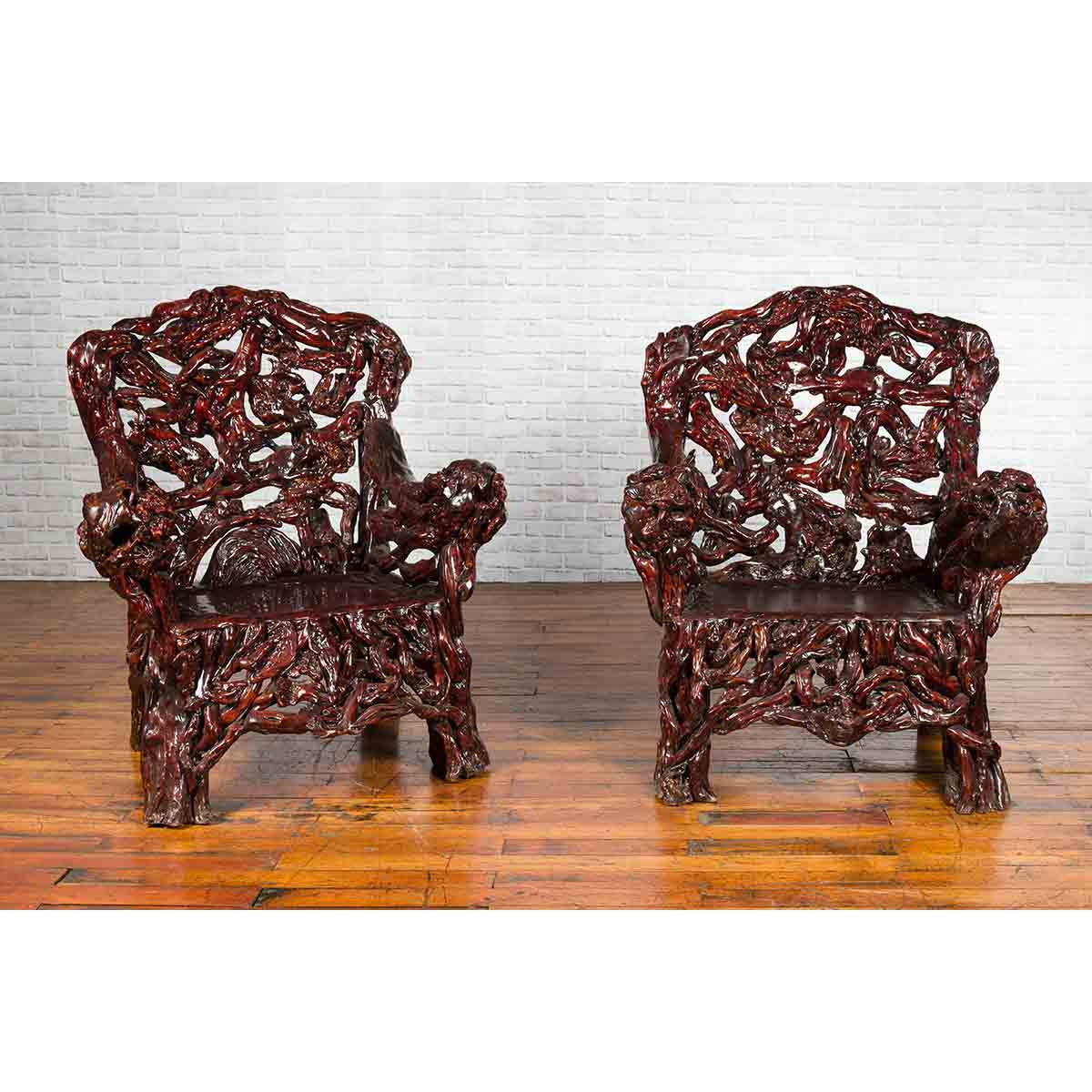 Chinese Handcrafted Dark Azalea Root Armchairs from China-2. Asian & Chinese Furniture, Art, Antiques, Vintage Home Décor for sale at FEA Home