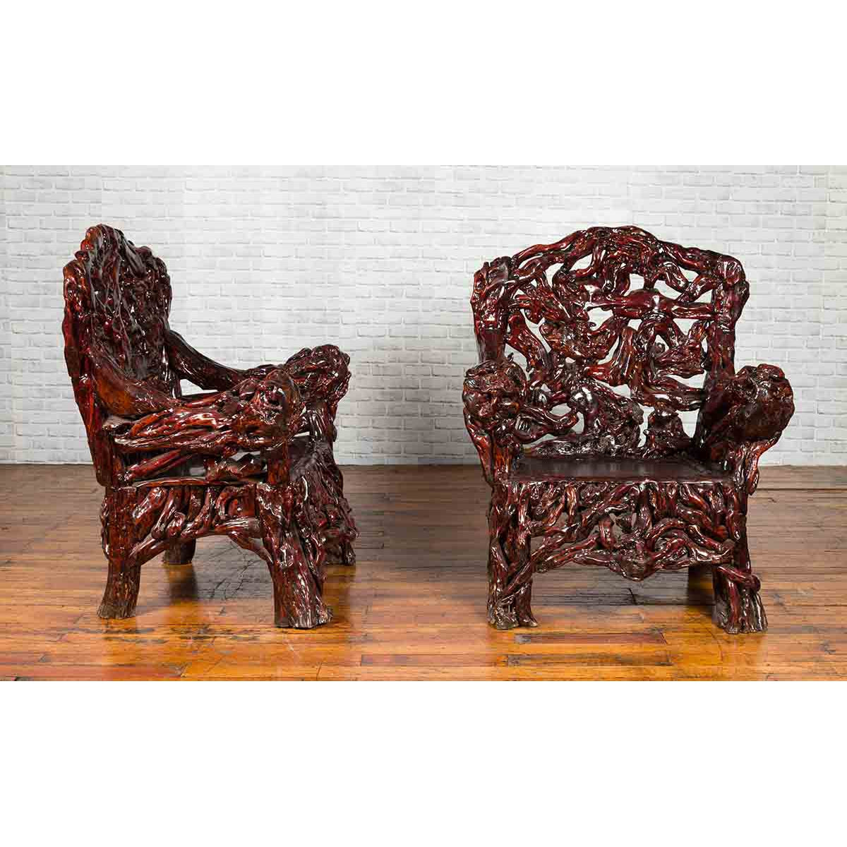 Chinese Handcrafted Dark Azalea Root Armchairs from China-4. Asian & Chinese Furniture, Art, Antiques, Vintage Home Décor for sale at FEA Home