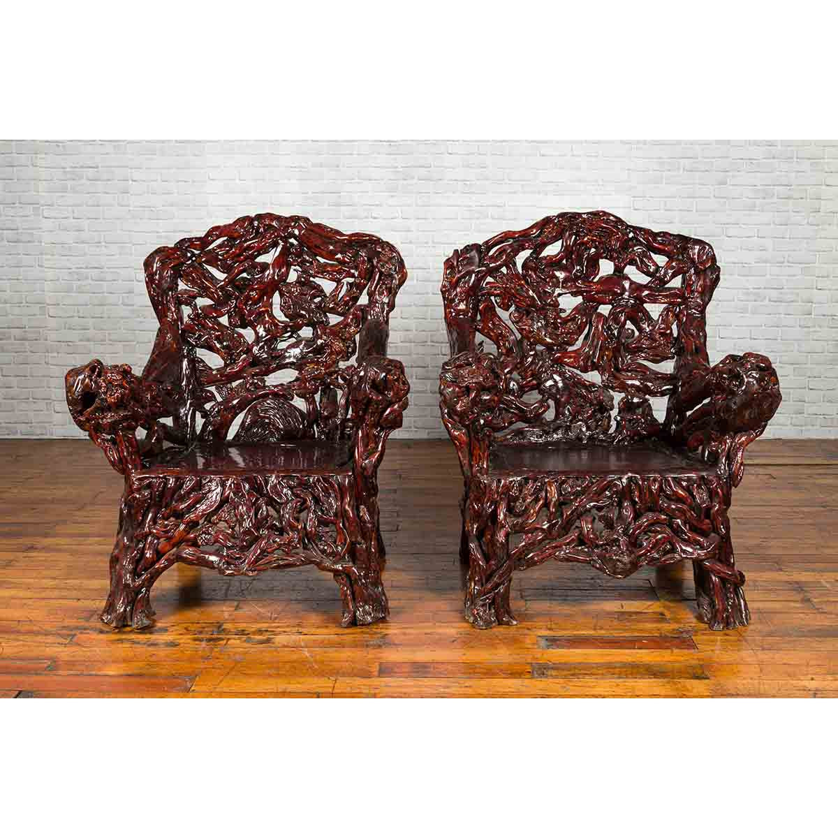 Chinese Handcrafted Dark Azalea Root Armchairs from China-3. Asian & Chinese Furniture, Art, Antiques, Vintage Home Décor for sale at FEA Home