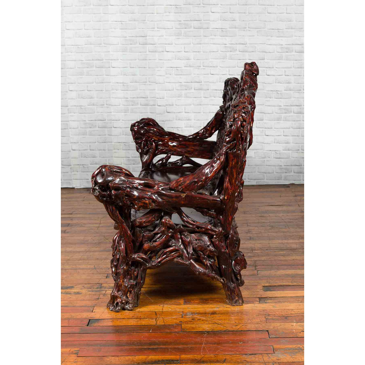 Chinese Late 20th Century Hand Carved Azalea Wood Root Lacquered Settee-5. Asian & Chinese Furniture, Art, Antiques, Vintage Home Décor for sale at FEA Home