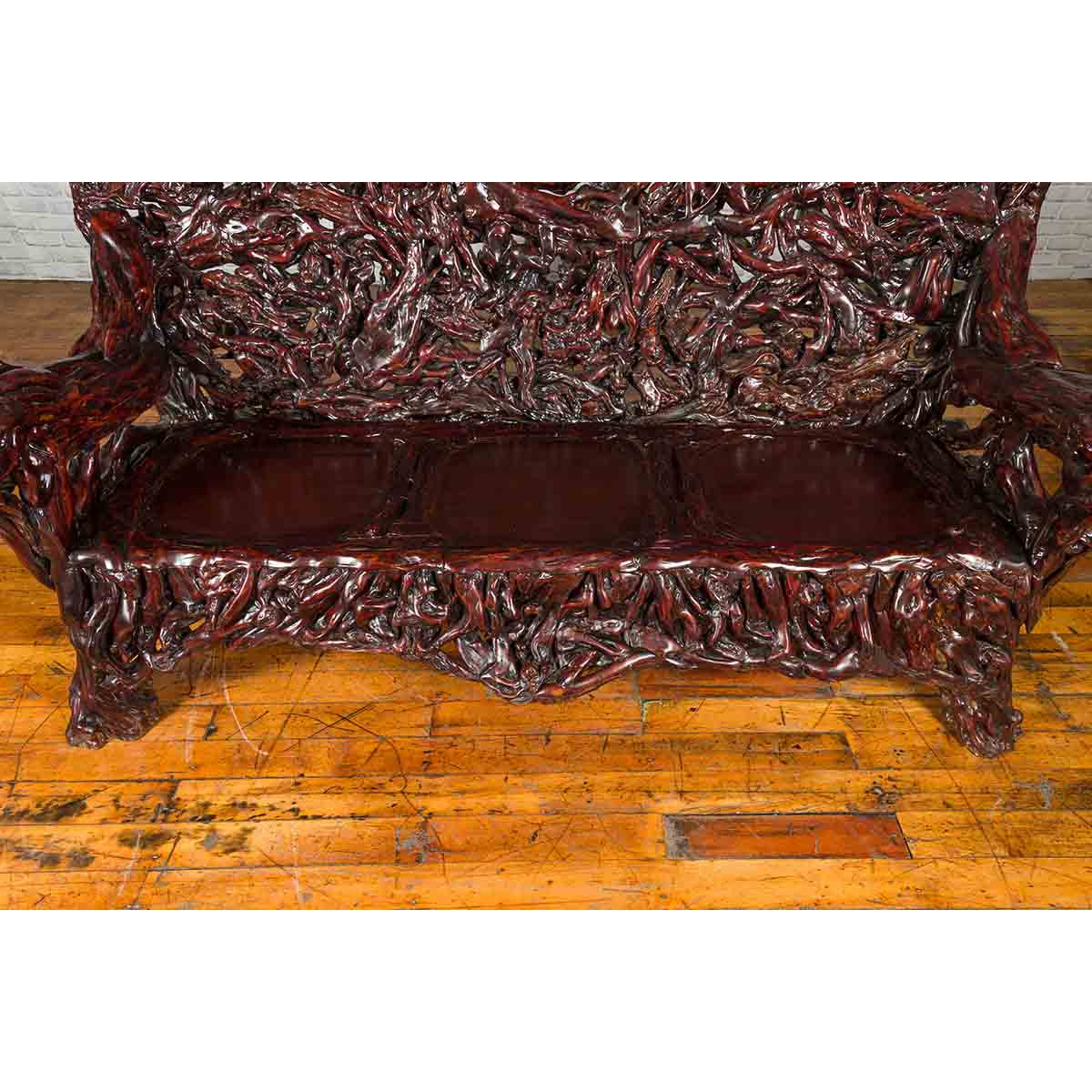Chinese Late 20th Century Hand Carved Azalea Wood Root Lacquered Settee-14. Asian & Chinese Furniture, Art, Antiques, Vintage Home Décor for sale at FEA Home