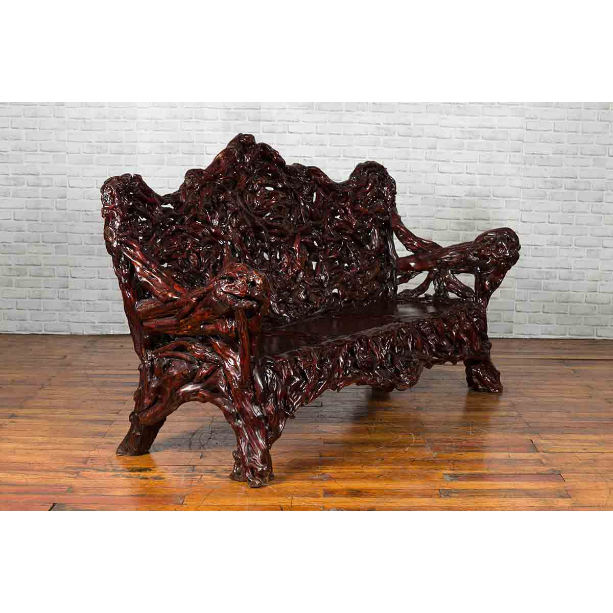 Chinese Late 20th Century Hand Carved Azalea Wood Root Lacquered Settee-8. Asian & Chinese Furniture, Art, Antiques, Vintage Home Décor for sale at FEA Home