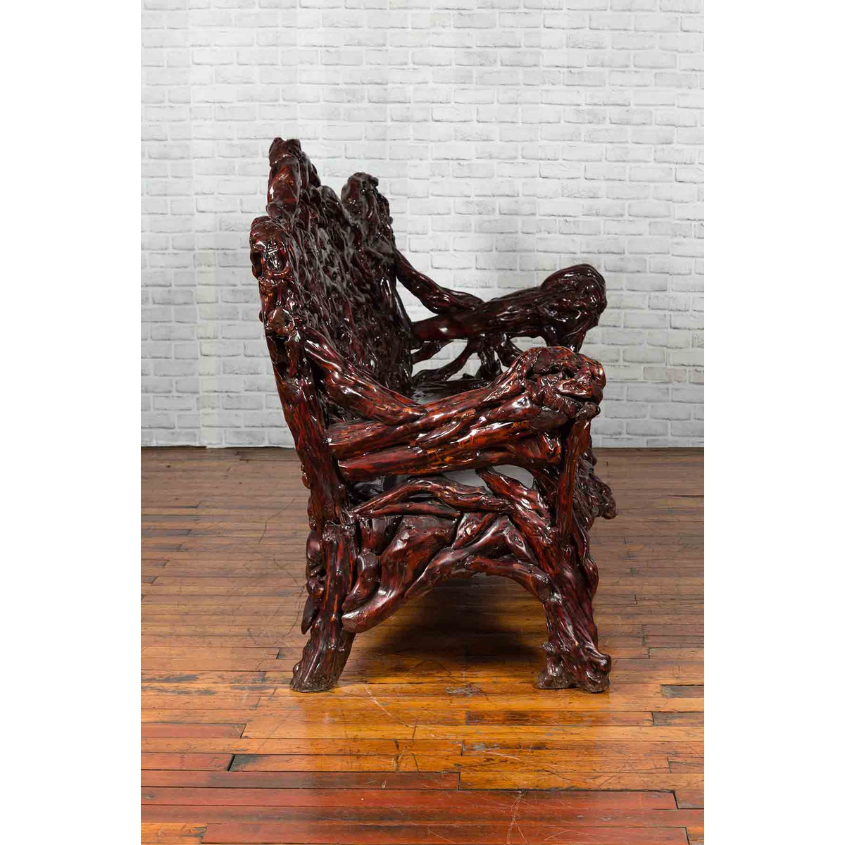 Chinese Late 20th Century Hand Carved Azalea Wood Root Lacquered Settee-7. Asian & Chinese Furniture, Art, Antiques, Vintage Home Décor for sale at FEA Home
