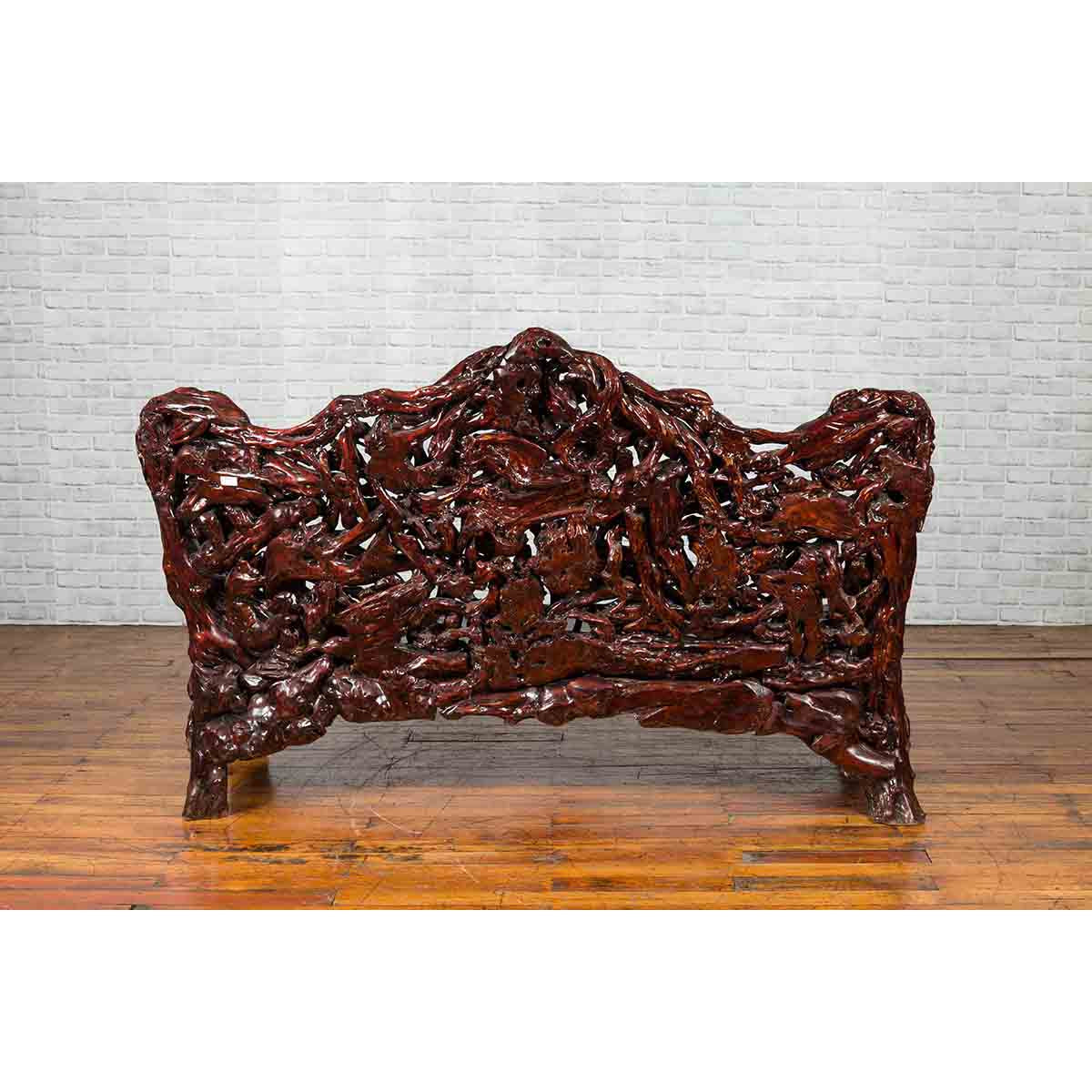 Chinese Late 20th Century Hand Carved Azalea Wood Root Lacquered Settee-6. Asian & Chinese Furniture, Art, Antiques, Vintage Home Décor for sale at FEA Home