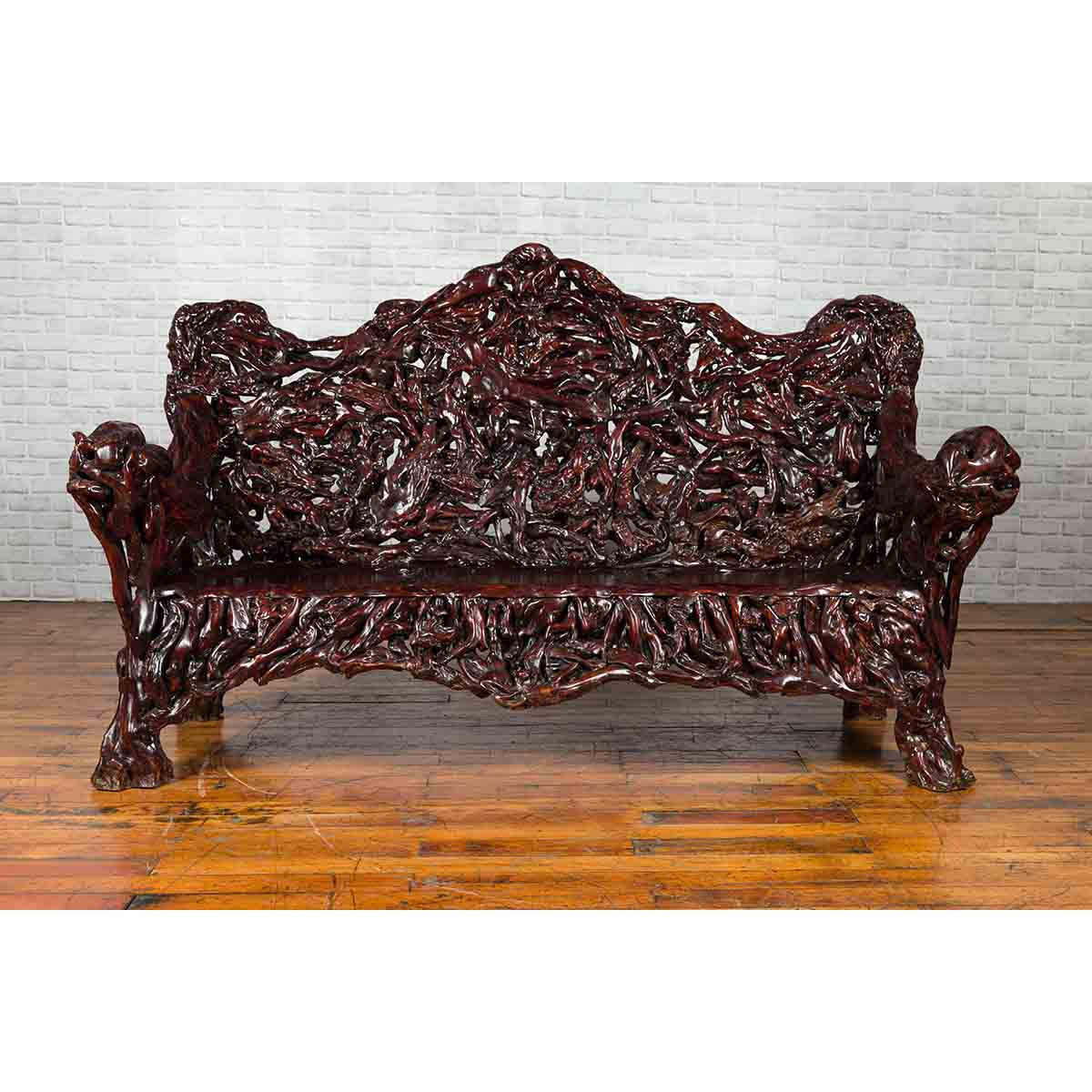 Chinese Late 20th Century Hand Carved Azalea Wood Root Lacquered Settee-3. Asian & Chinese Furniture, Art, Antiques, Vintage Home Décor for sale at FEA Home