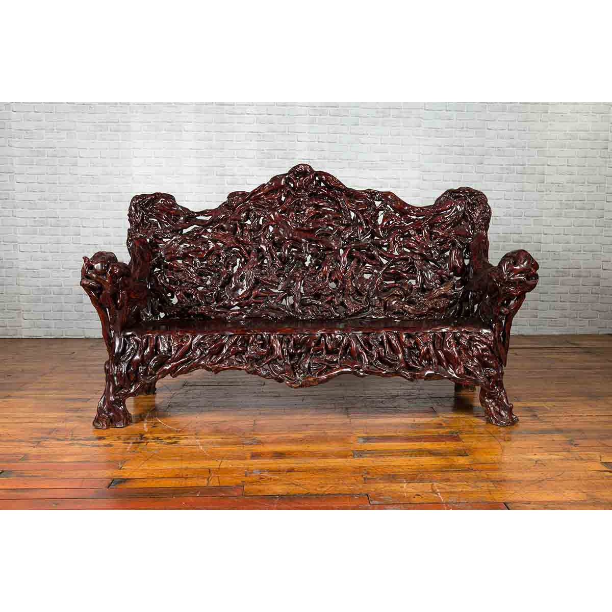 Chinese Late 20th Century Hand Carved Azalea Wood Root Lacquered Settee-4. Asian & Chinese Furniture, Art, Antiques, Vintage Home Décor for sale at FEA Home